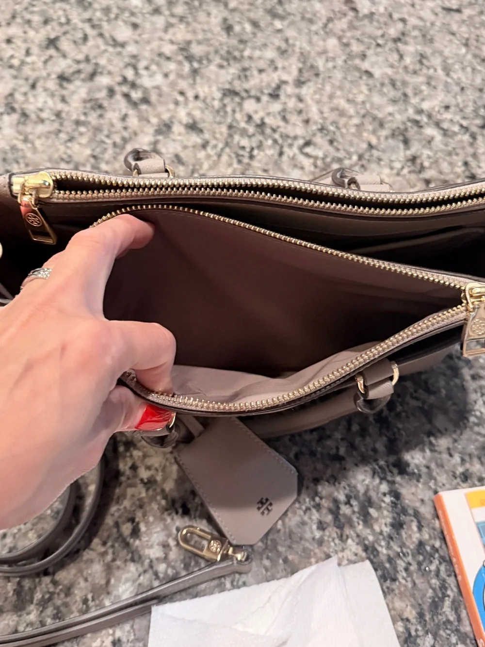 Tory Burch Saffiano Leather Satchel in Light Gray Taupe